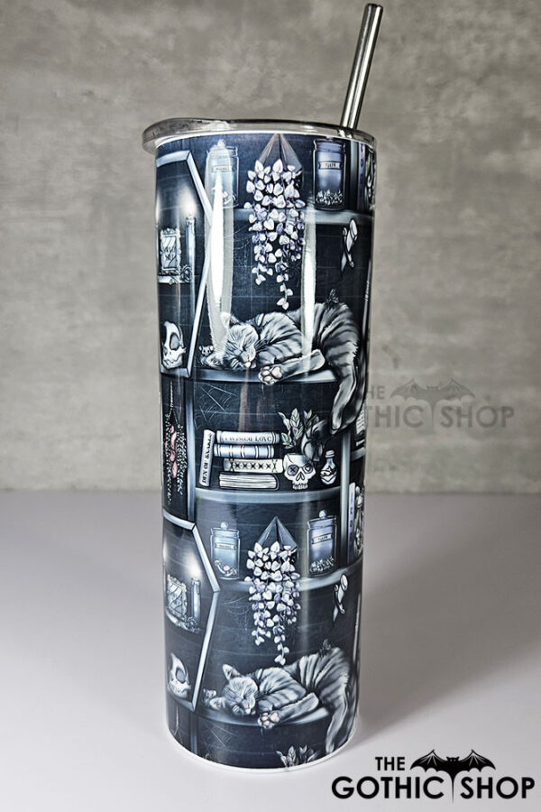witchy curios & grey tabby cat coffin bookshelves bookish gothic 20oz straight tumbler (copy)