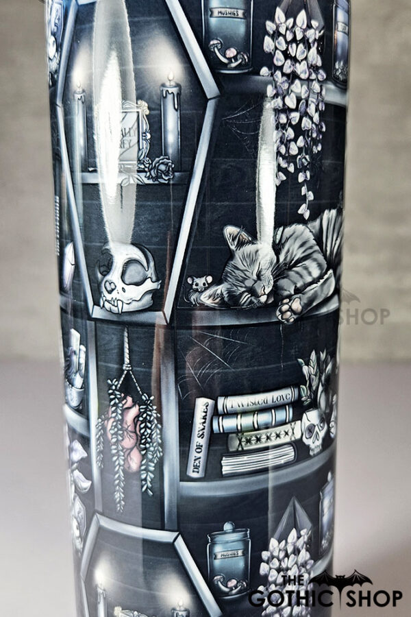 witchy curios & grey tabby cat coffin bookshelves bookish gothic 20oz straight tumbler (copy)