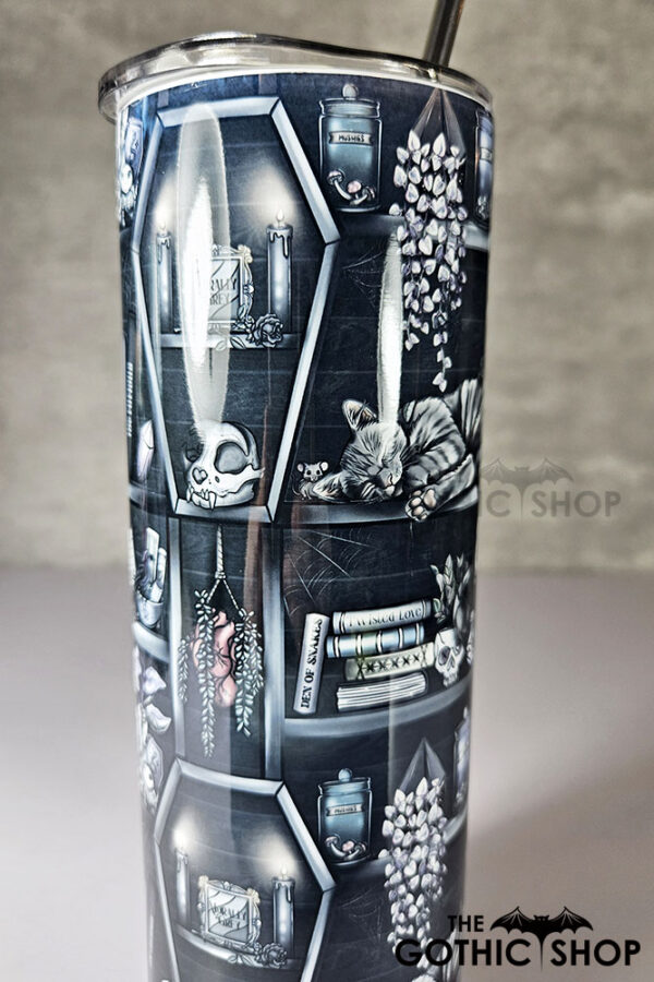 witchy curios & grey tabby cat coffin bookshelves bookish gothic 20oz straight tumbler (copy)