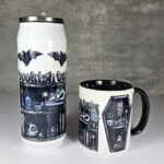 bookish babe witchy curios & grey tabby cat coffin bookshelves mug