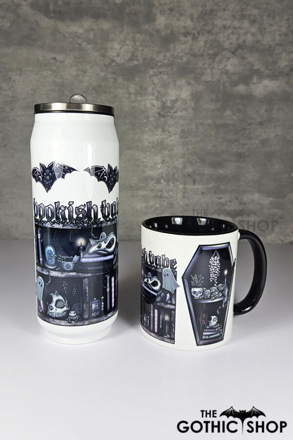 bookish babe witchy curios & grey tabby cat coffin bookshelves mug