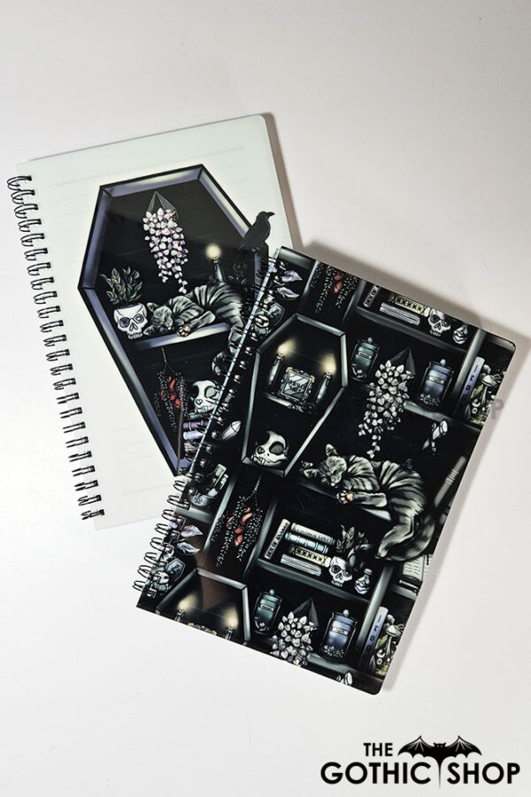 witchy curios & grey cat coffin bookshelf a5 notebook journal