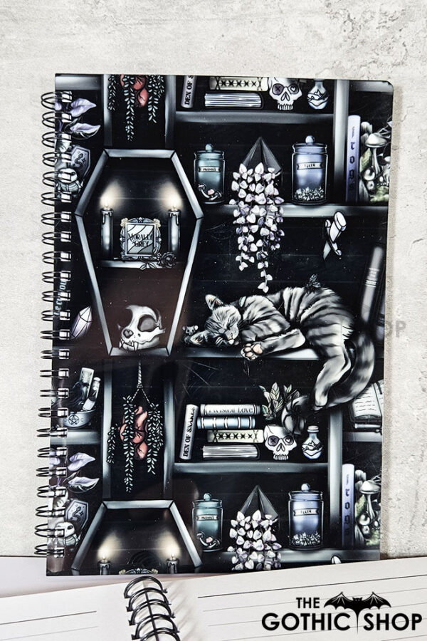 witchy curios & grey cats coffin bookshelves a5 notebook journal