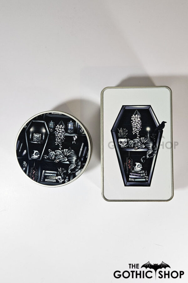witchy curios & grey cats coffin bookshelves keepsake round tin
