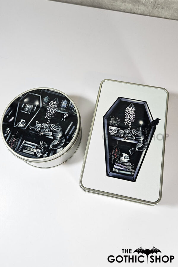witchy curios & grey cats coffin bookshelves keepsake round tin