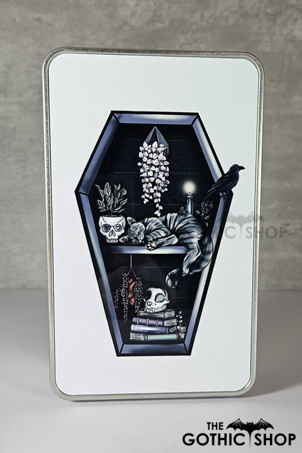 witchy curios & grey cat coffin bookshelf rectangular tin