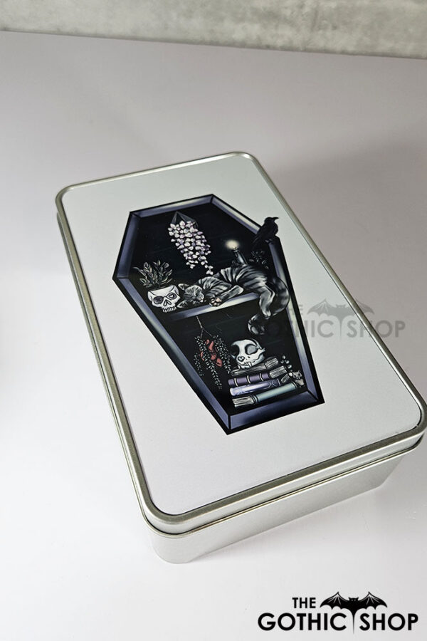 witchy curios & grey cat coffin bookshelf rectangular tin
