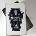 witchy curios & grey cat coffin bookshelf rectangular tin
