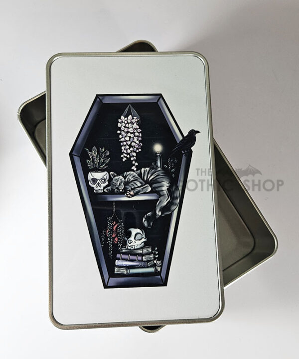 witchy curios & grey cat coffin bookshelf rectangular tin