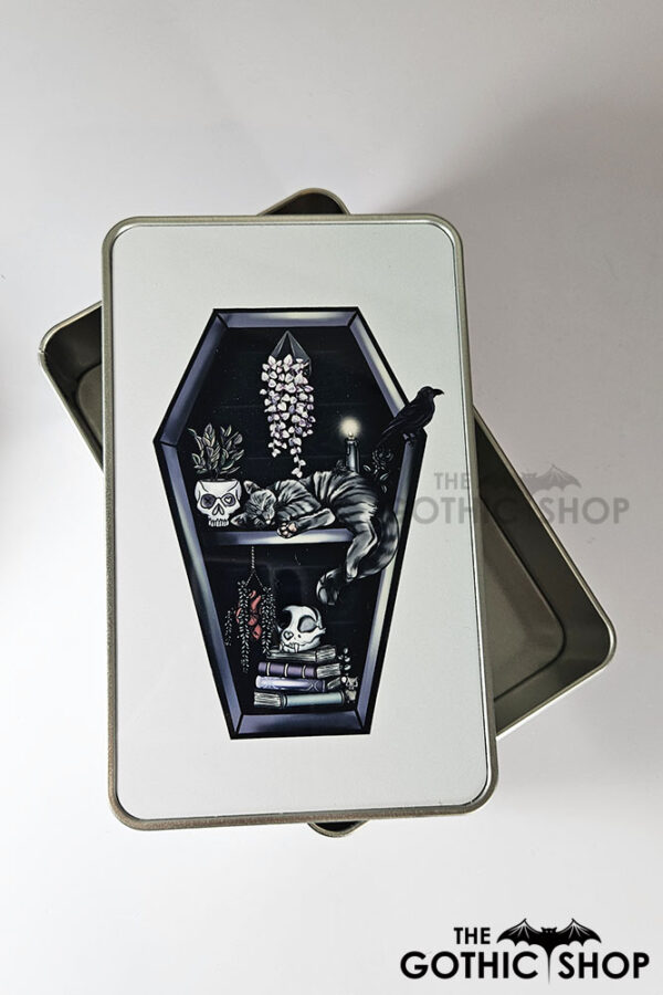 witchy curios & grey cat coffin bookshelf rectangular tin