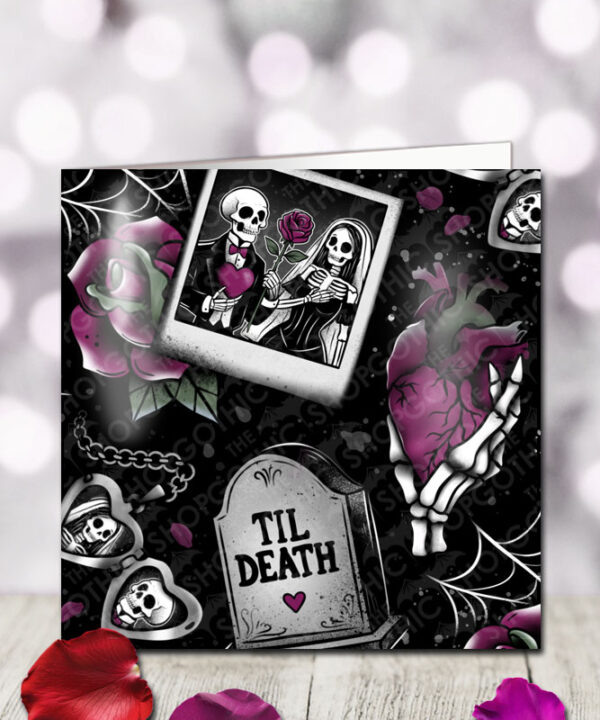 til death skeleton couple & tombstone gothic birthday or valentine's greetings card
