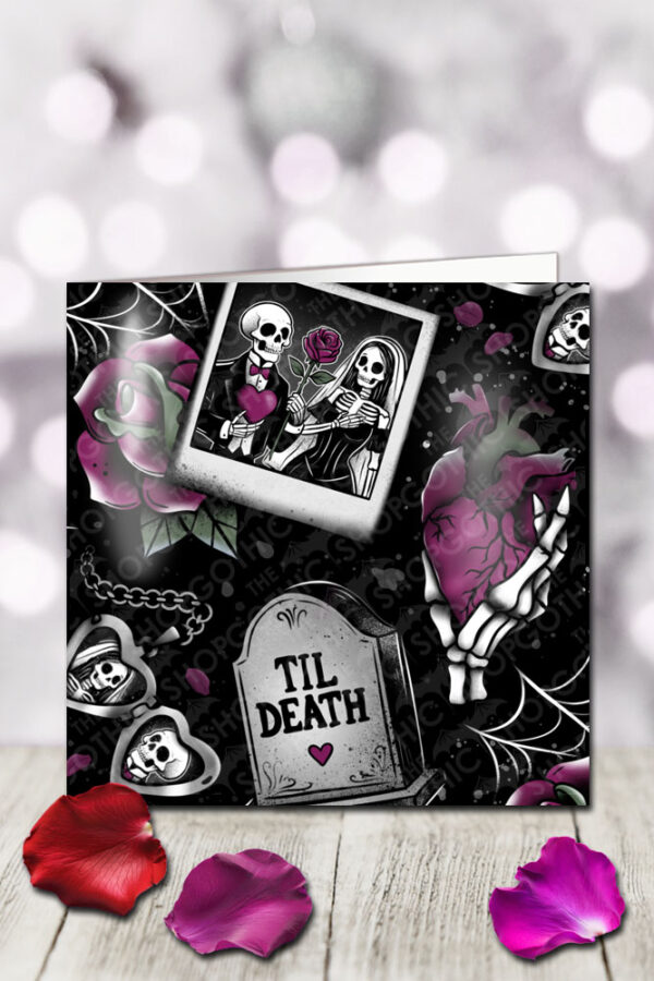 til death skeleton couple & tombstone gothic birthday or valentine's greetings card