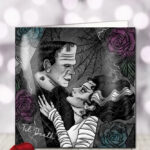 til death frankenstein & bride grey gothic birthday or valentine's greetings card