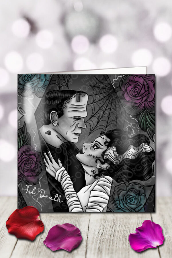 til death frankenstein & bride grey gothic birthday or valentine's greetings card