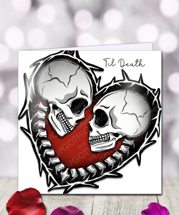 til death skeleton couple gothic in barbed heart birthday or valentine's greetings card