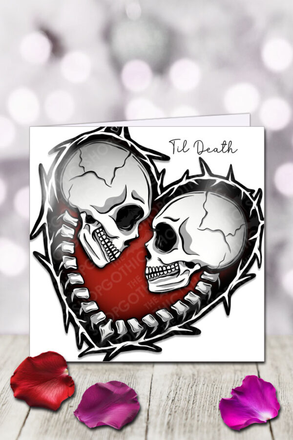 til death skeleton couple gothic in barbed heart birthday or valentine's greetings card