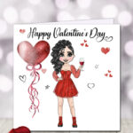 punk gothic lady in red with wine & balloon heart valentine's greetings card