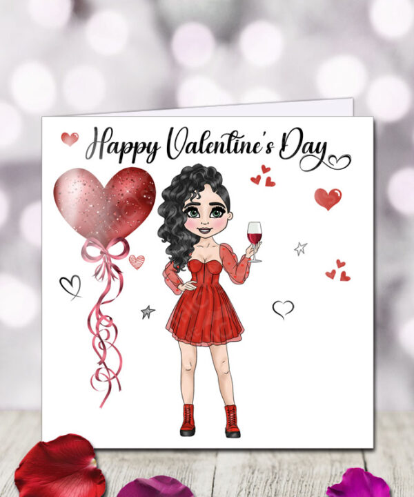 punk gothic lady in red with wine & balloon heart valentine's greetings card