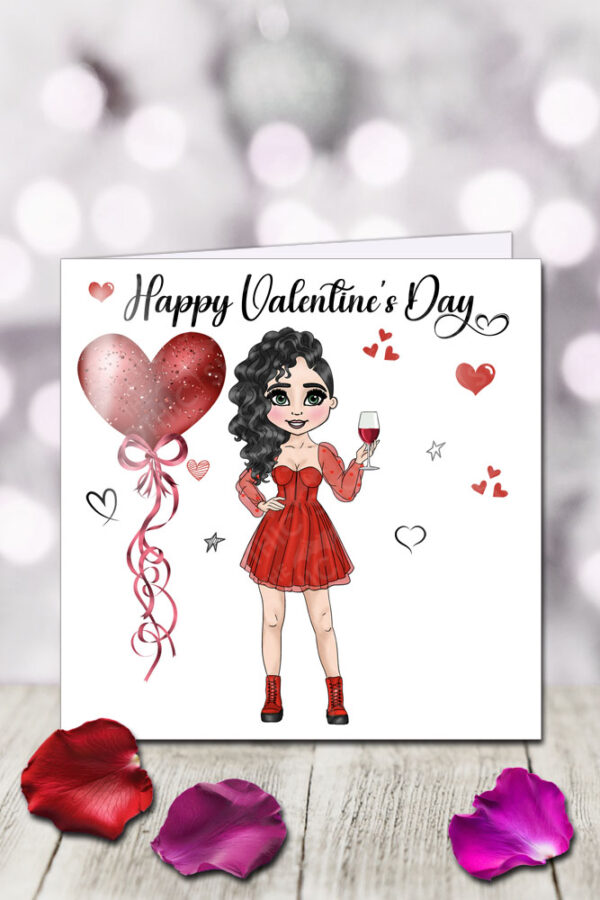 punk gothic lady in red with wine & balloon heart valentine's greetings card