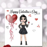 punk gothic lady in black with wine & balloon heart valentine's greetings card