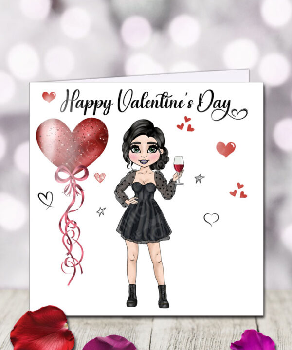 punk gothic lady in black with wine & balloon heart valentine's greetings card