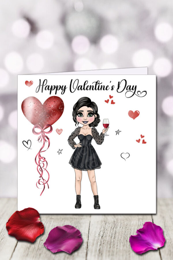punk gothic lady in black with wine & balloon heart valentine's greetings card