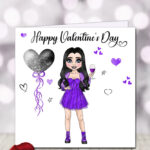 punk gothic lady in purple with wine & balloon heart valentine's greetings card