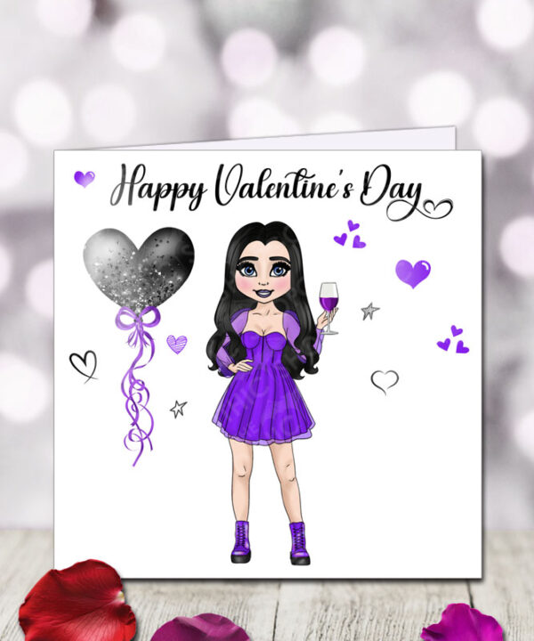 punk gothic lady in purple with wine & balloon heart valentine's greetings card
