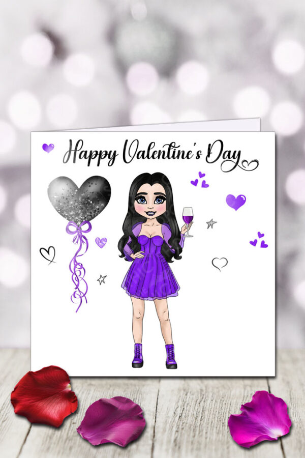 punk gothic lady in purple with wine & balloon heart valentine's greetings card