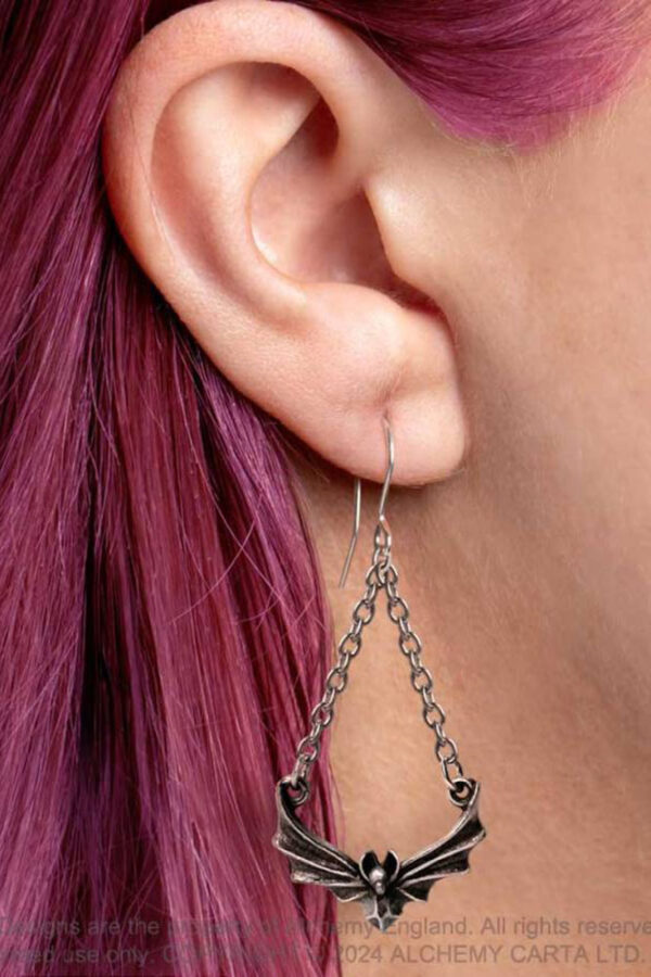 the attic bat dropper earrings by alchemy gothic