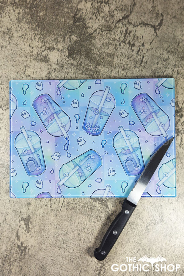 haunted boba ghost bubble tea pastel glass chopping board or worktop protector