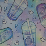 haunted boba ghost bubble tea pastel glass chopping board or worktop protector