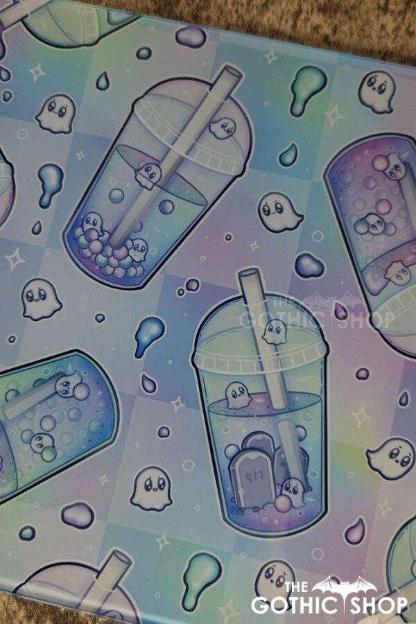 haunted boba ghost bubble tea pastel glass chopping board or worktop protector
