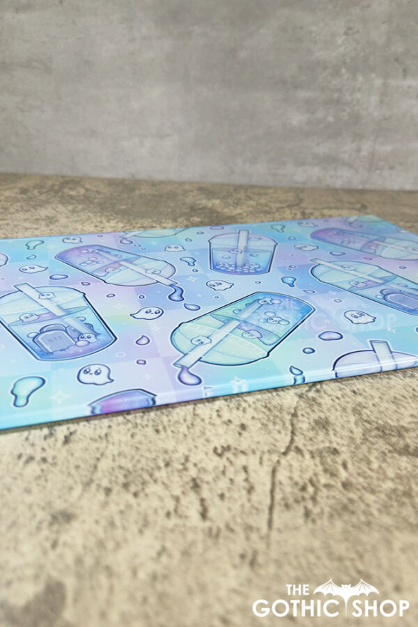 haunted boba ghost bubble tea pastel glass chopping board or worktop protector