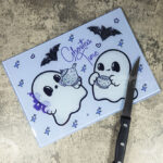 ghostea time cutie ghosties purple glass chopping board or worktop protector