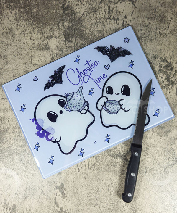 ghostea time cutie ghosties purple glass chopping board or worktop protector