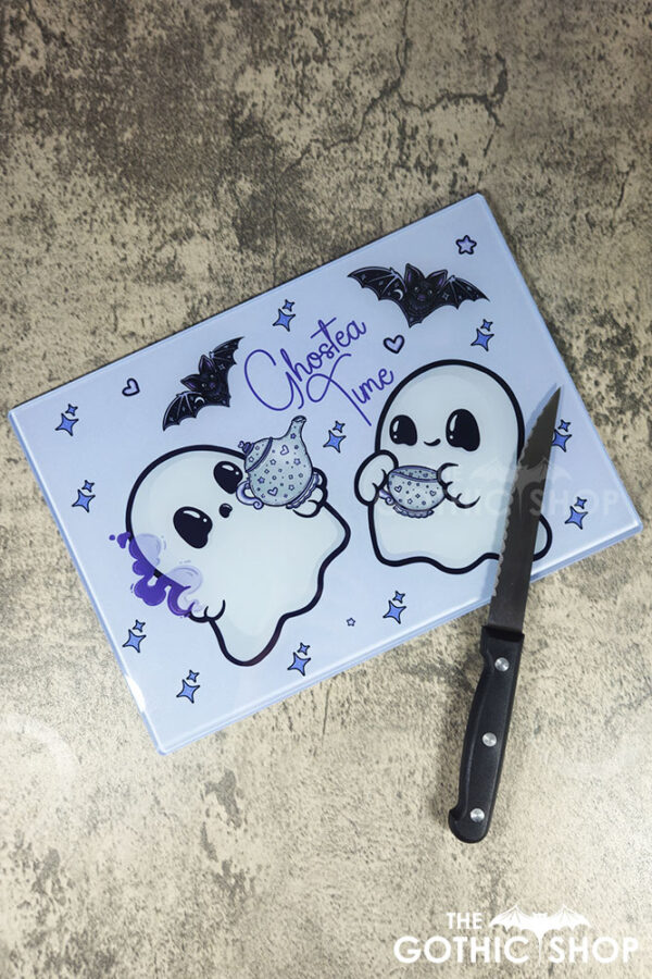 ghostea time cutie ghosties purple glass chopping board or worktop protector