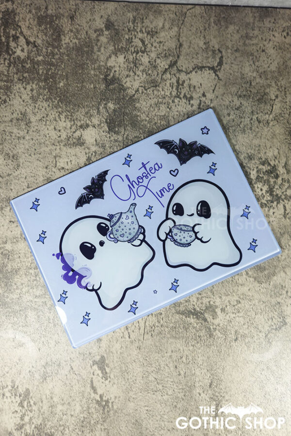 ghostea time cutie ghosties purple glass chopping board or worktop protector