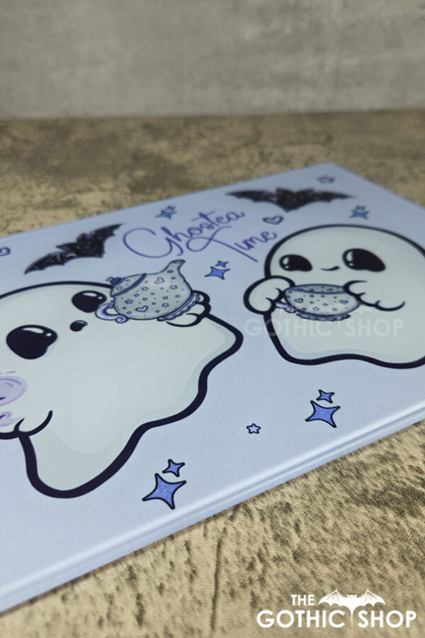 ghostea time cutie ghosties purple glass chopping board or worktop protector