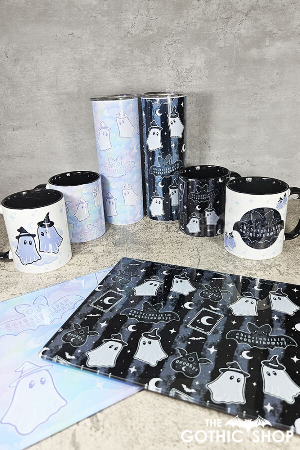 kawaii witchy ghosties ouija bats grey stripe gothic mug