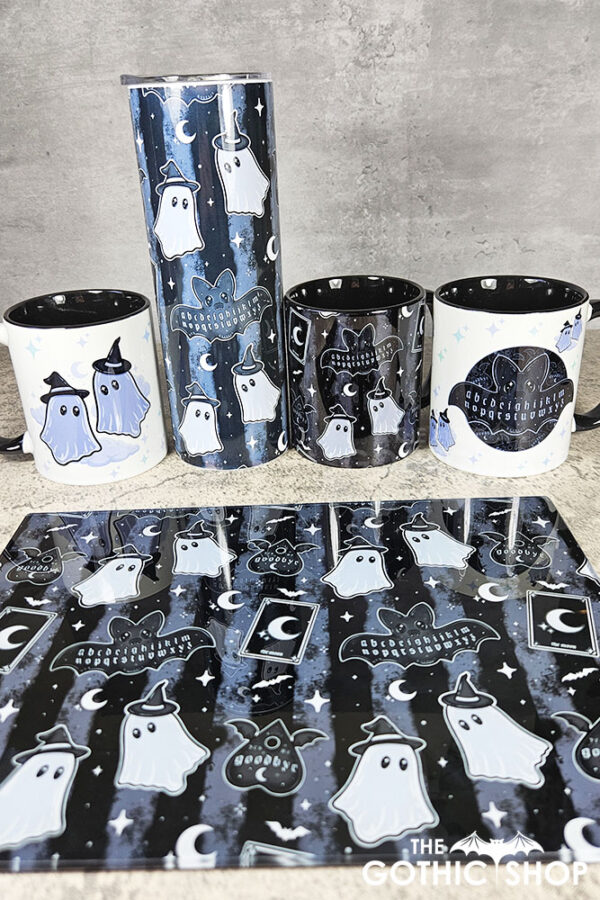 kawaii witchy ghosties ouija bats grey stripe gothic mug