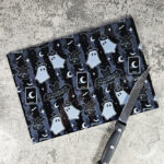 kawaii witchy ghosties ouija bats grey stripe glass chopping board or worktop protector