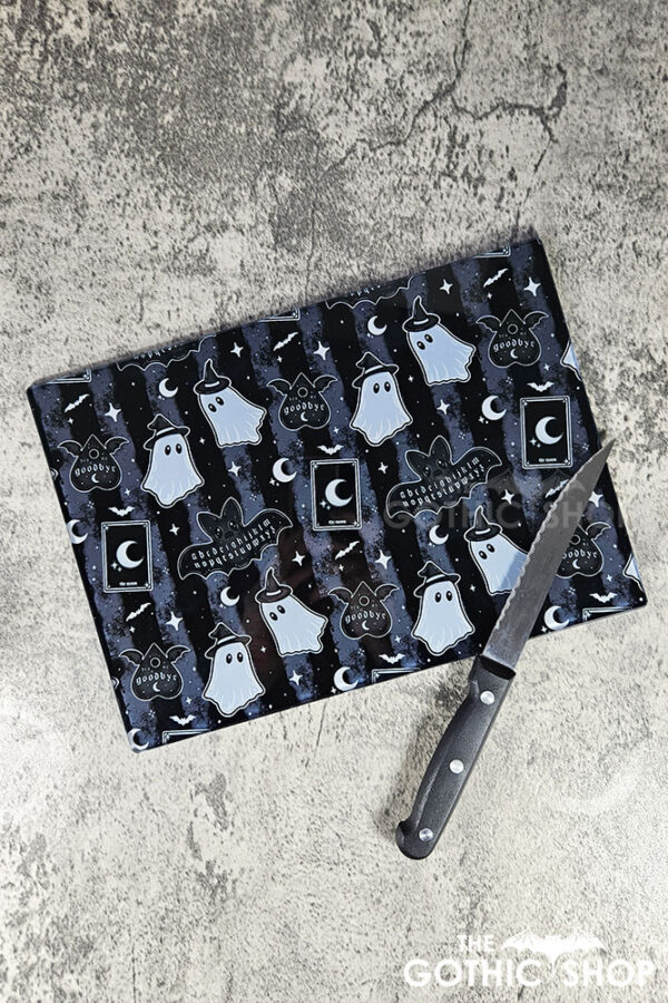 kawaii witchy ghosties ouija bats grey stripe glass chopping board or worktop protector