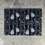 kawaii witchy ghosties ouija bats grey stripe glass chopping board or worktop protector
