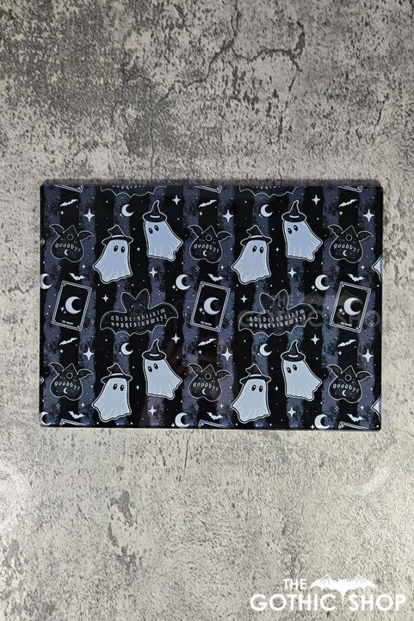 kawaii witchy ghosties ouija bats grey stripe glass chopping board or worktop protector