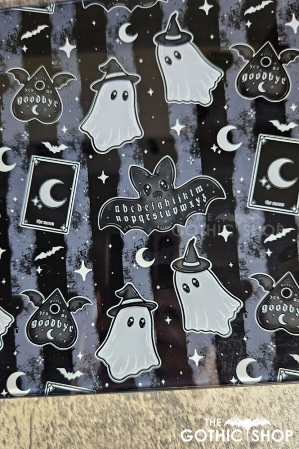 kawaii witchy ghosties ouija bats grey stripe glass chopping board or worktop protector