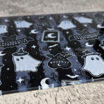 kawaii witchy ghosties ouija bats grey stripe glass chopping board or worktop protector