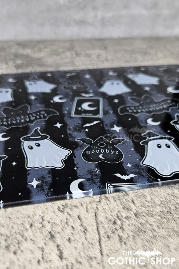 kawaii witchy ghosties ouija bats grey stripe glass chopping board or worktop protector