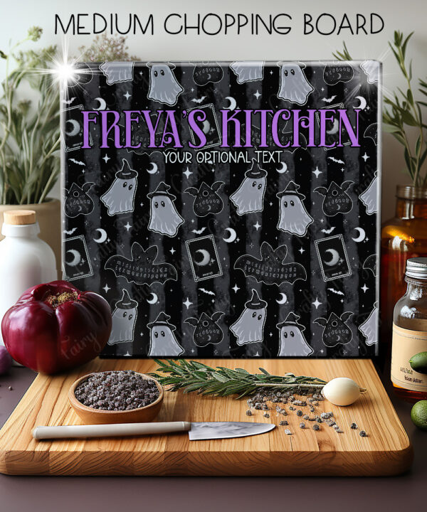 kawaii witchy ghosties ouija bats grey stripe glass chopping board or worktop protector