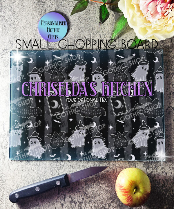 kawaii witchy ghosties ouija bats grey stripe glass chopping board or worktop protector